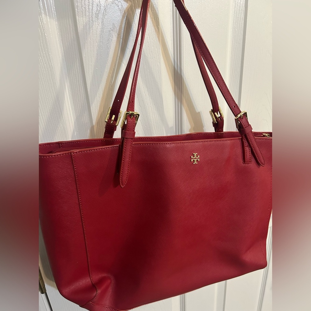 Tory Burch Cherry Red Tote. Flaws on straps